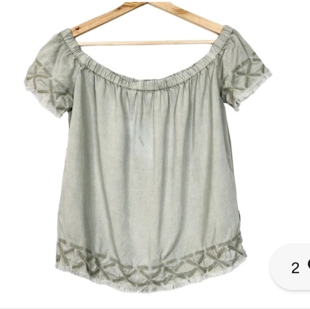 Anthropologie Green Off-Shoulder Blouse with Embroidery